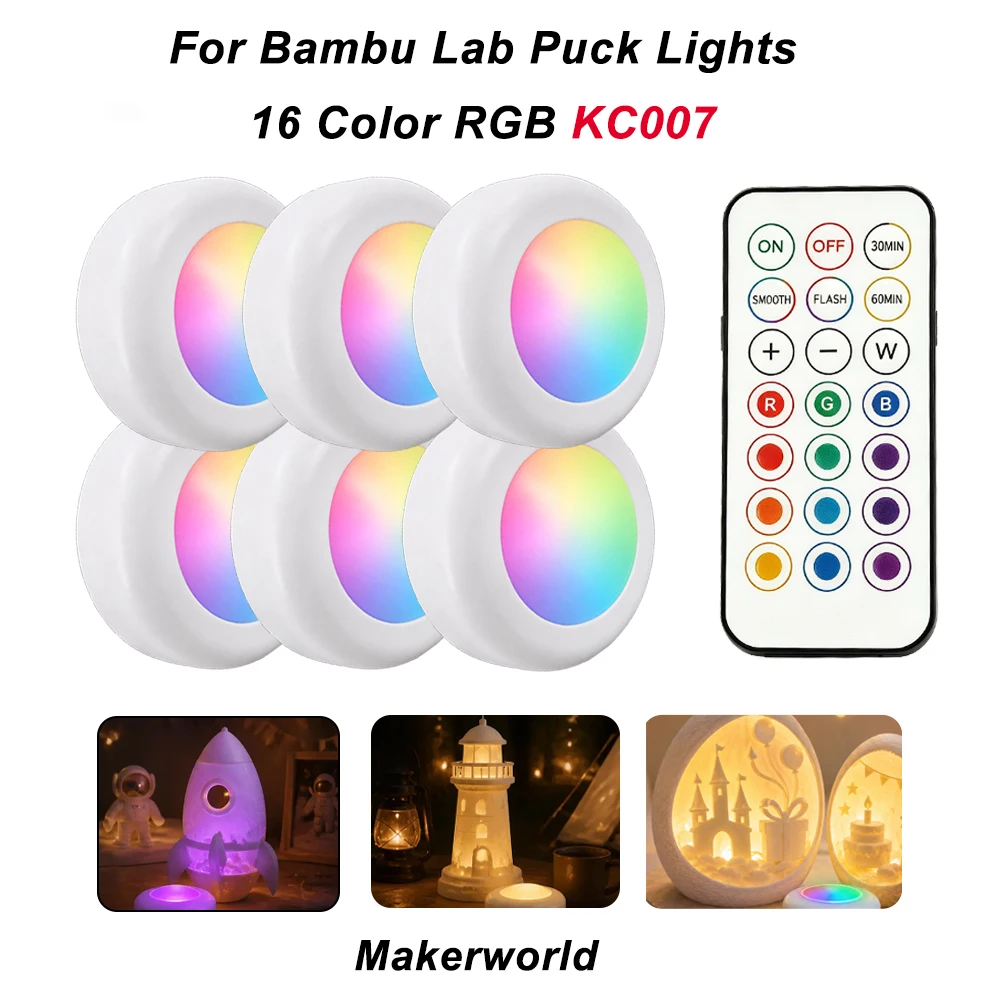 Für Bambu Lab Puck Lights Fernbedienung RGBW Bambu Lab KC007 3D-Drucker Kabelloses 16-Farben Rundes LED-Lampen-Set Timer Dimmbares LED-Kit