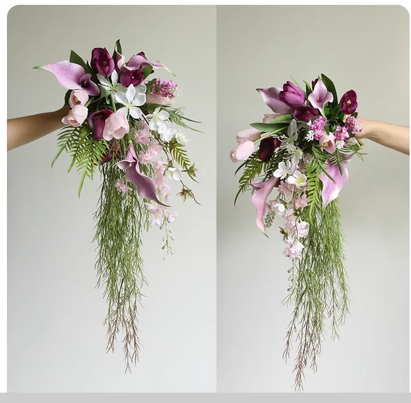 Waterfall holding flowers simulation horseshoe lotus Korean bride wedding photography photo.