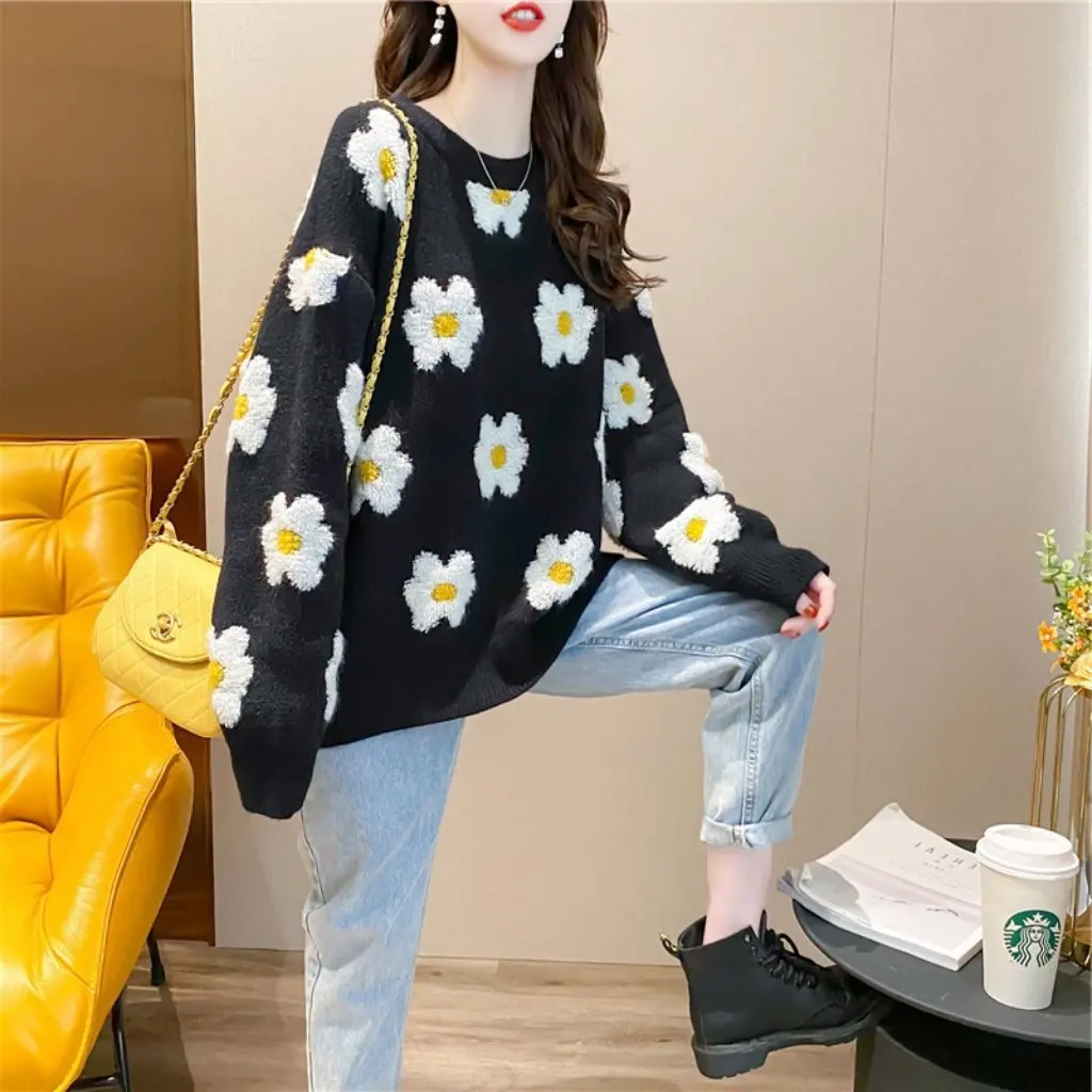 

Women's Long-Sleeved Korean Style Sweater Autumn Fresh Flower Print Pullover round Neck Knitted Bottoming Shirt Top