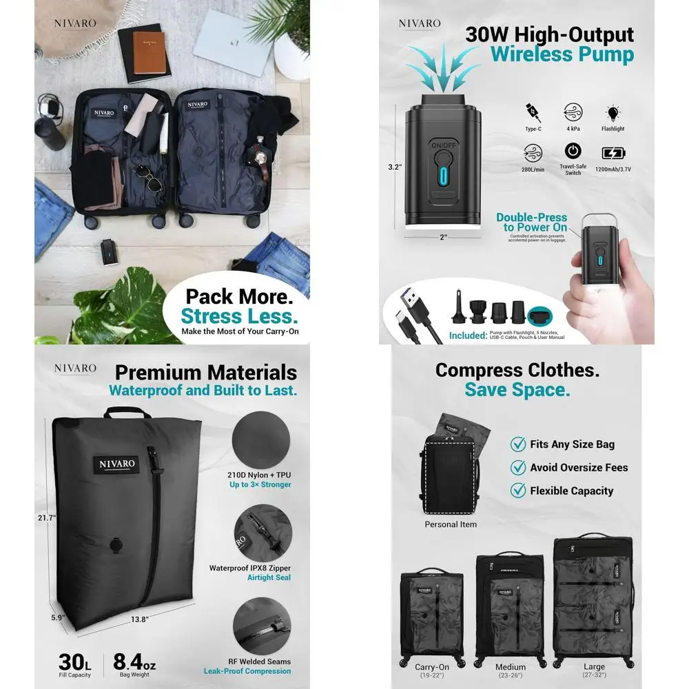 

Большие водонепроницаемые вакуумные пакеты для путешествий с насосом - 2 штуки, объем 30 л, компрессионные, экономящие место, для багажа