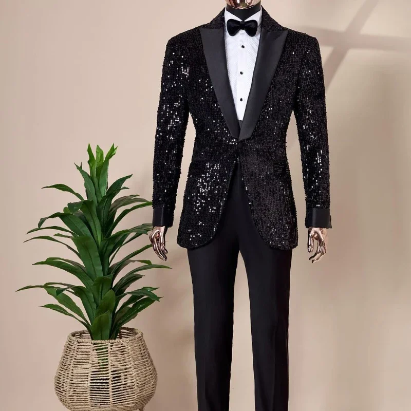 Shining Sequins Men Suits Tuxedo Slim Fit 2024 Notched Lapel Blazer with Pants 2 Piece Tailored Groom Wedding Party Jacket