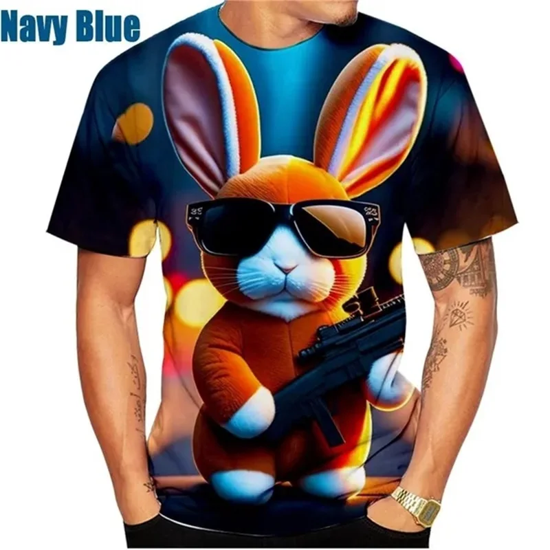 

Camisetas con estampado 3D de conejo para hombre y mujer, ropa informal de manga corta con cuello redondo, divertida, verano