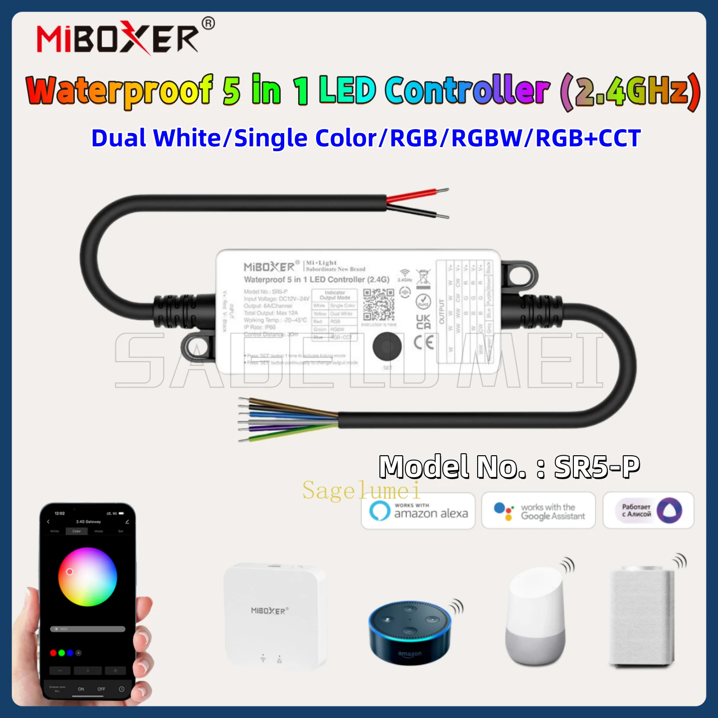 Miboxer SR5-P Waterproof 5 in 1 LED Controller 2.4G RF Remote Control for DC 12V 24V Single Color CCT RGB RGBW RGB+CCT LED Strip