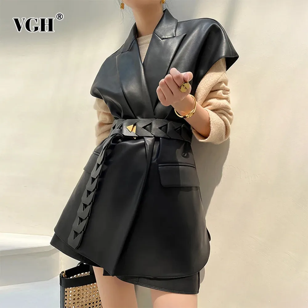 VGH Solid Patchwork Lace Up Leather Jacket Notched Collar Sleeveless Minimalist Casual Jackets Female Fashion Style Clothes New