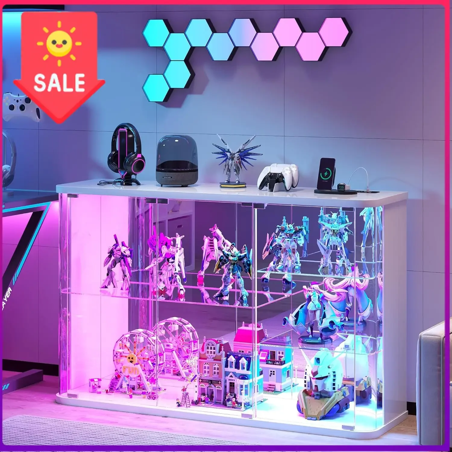 LED Display Cabinet with Glass Doors | Human Sensor RGB Lights, Rounded Design LED Curio Cabinet for Collectibles, White