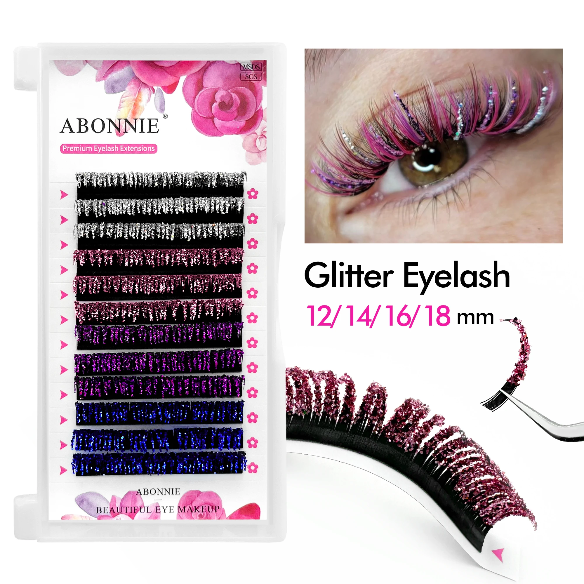 Abonnie Glitter Gradient Color Eyelash Extension 12-18mm Silver Pink Purple Blue Colored Eye Lashes Faux Mink Cilios