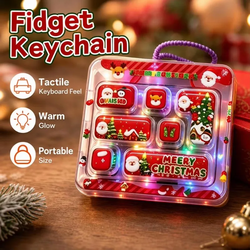 7-Keys Glowing Christmas Keycap Clicker Bag Charms Key Caps Keychain Keyboard Fidgets Clicker Button Keycap Xmas Gifts For Kids