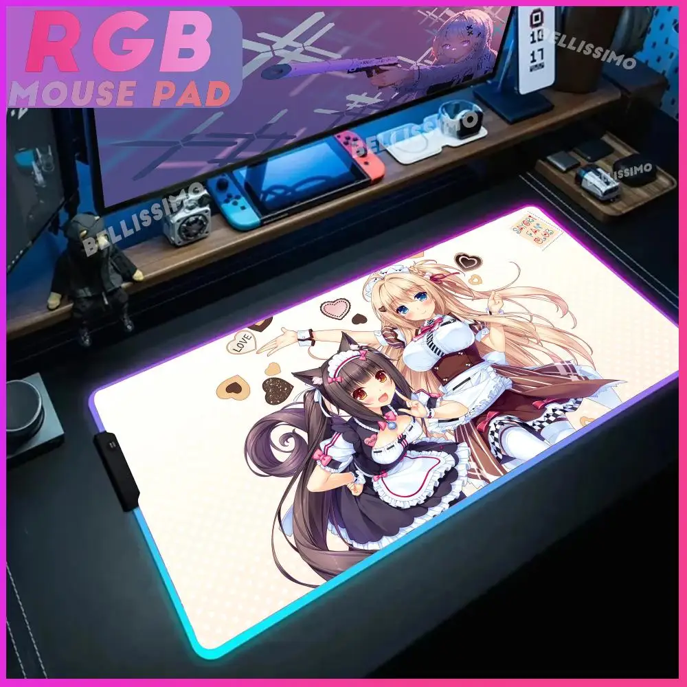 Anime Girls Hentai N_nekopara Mouse Pad RGB Gaming Luminous Desk Mat Backlit Escritorio Accesorios Desk Protector LED Playmat