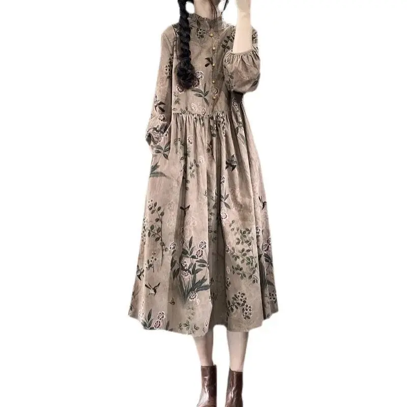 Fashion Stand Collar Spliced Loose Folds Printed Vintage Dress Women\'s Clothing 2024 Spring New Oversized All-match Midi Dress