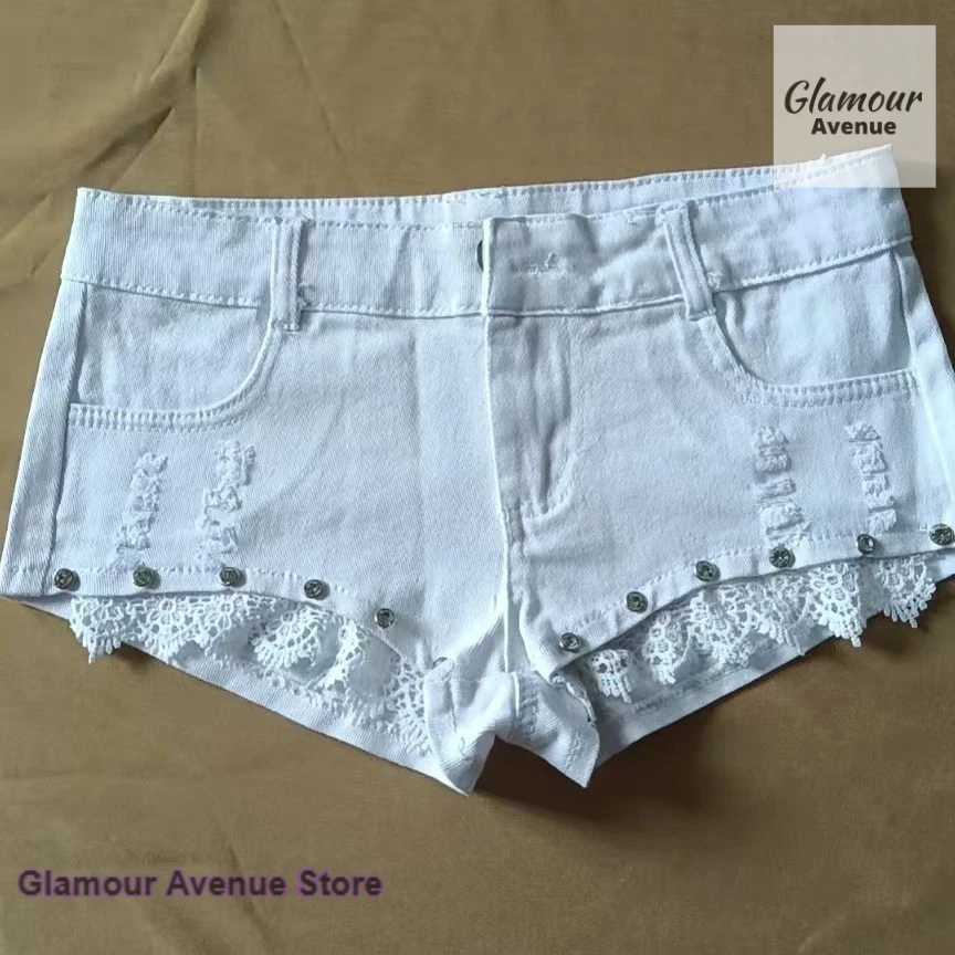 Korean beaded lace denim shorts women's spring and summer new low-pocket hip sexy super shorts show leg length Joker hot pants.