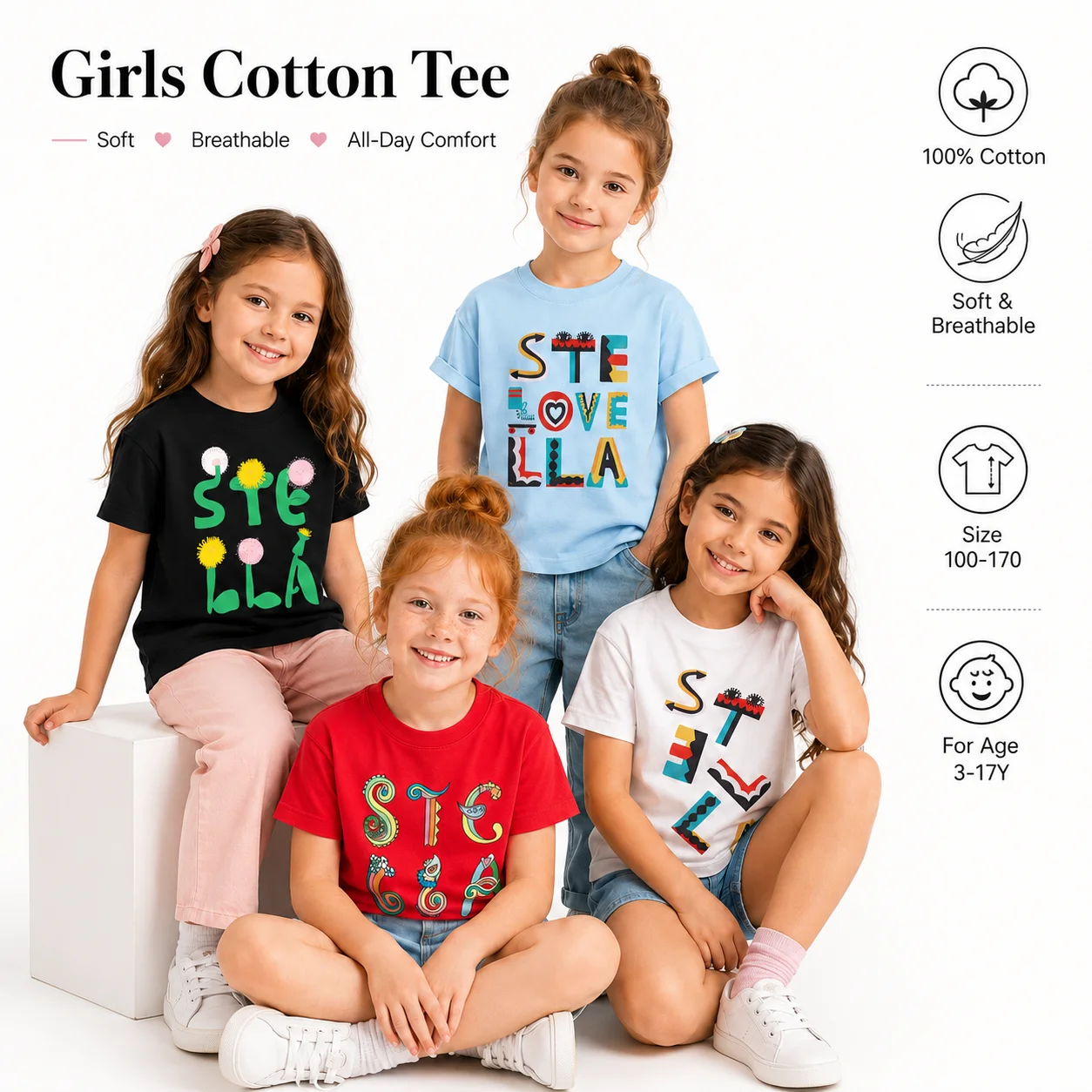 Fun prints Tees Girls Summer Clothes fashion New casual wear Sunflower letter print Kids T-shirt %100 cotton child short sleeves
