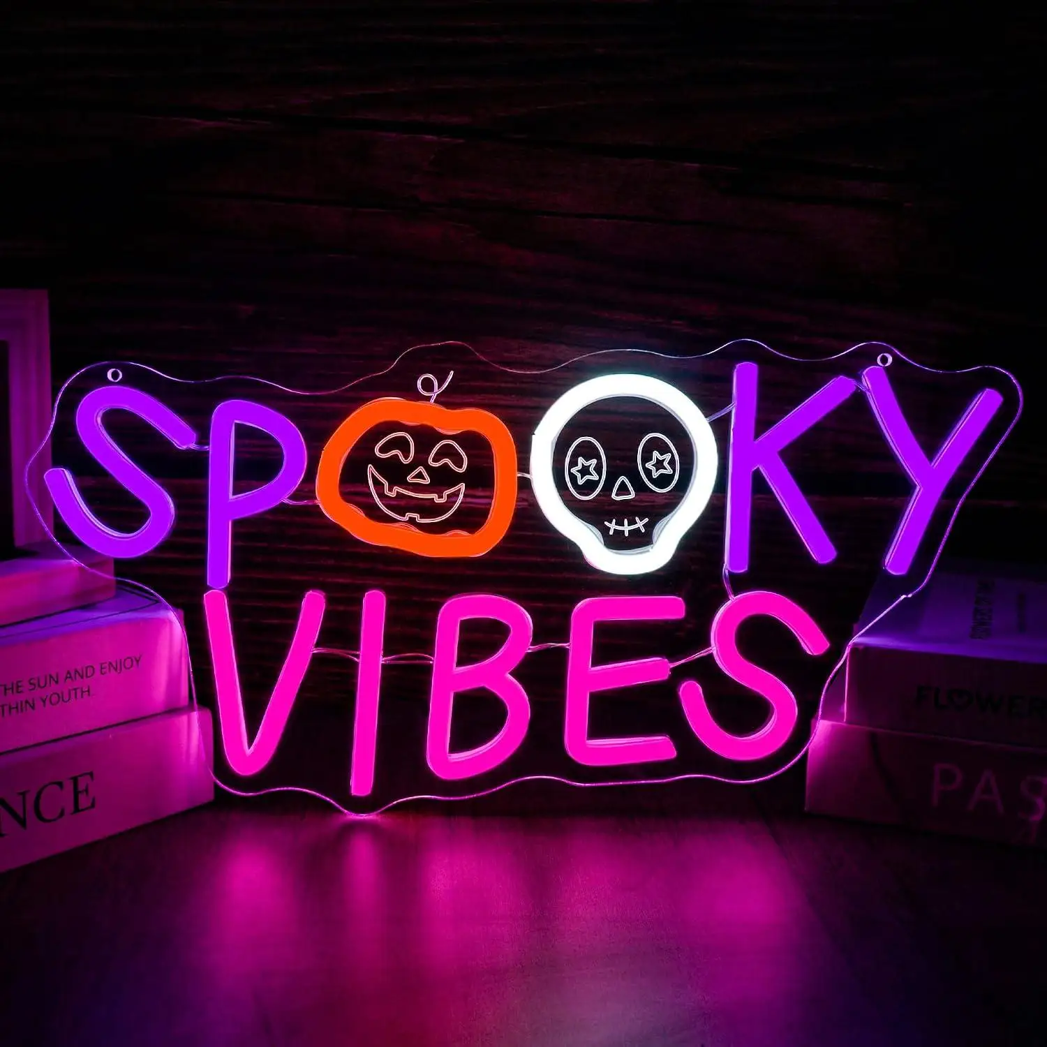 Spooky Vibes Neon Sign USB Dimmable LED Lights For Halloween Fan Themed Gothic Bedroom Party Bar Game Room Wall Hanging Decor