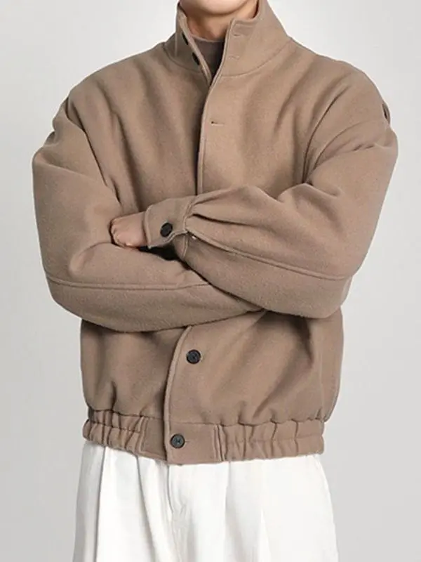 

Trendy Men's Woolen Jaet Stand Collar Autumn Winter Faionable Versatile Korean Sle Long Sve Button Closure Pure Color