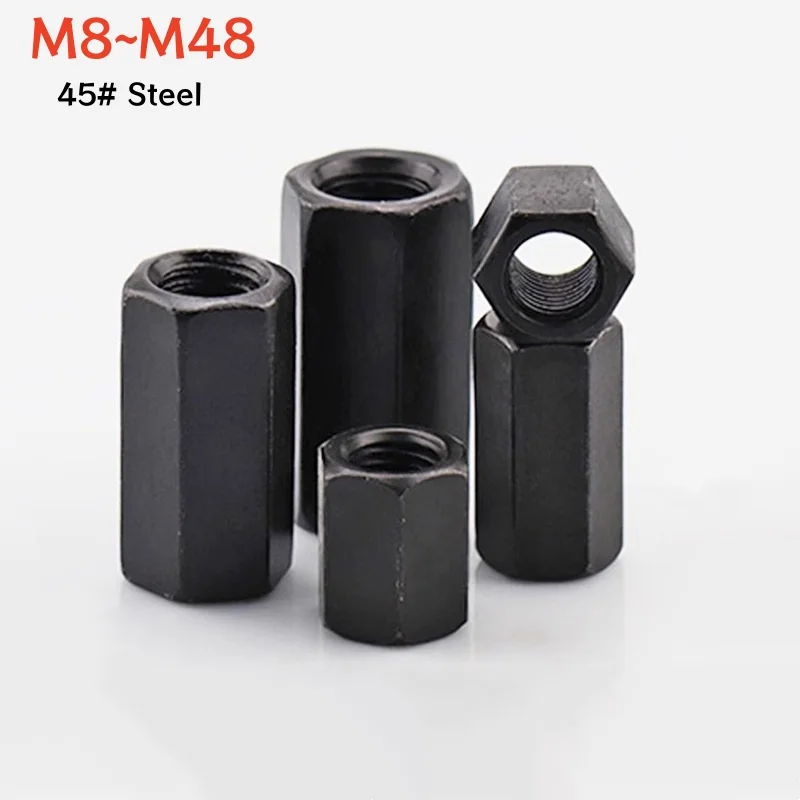 45# Steel Black Hexagon Hex Extend Long Lengthened Rod Connector Joint Sleeve Tubular Coupling Nut M8M10M12M14M16M18M20M24~M48