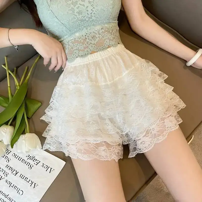 2025 Floral Lace Lolita Safety Pants Women Summer Shorts Underpants Multilayer Cake Skirt Princess Loose Shorts Thin Bottom