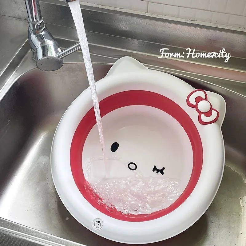 Hellokitty Cartoon Folding Wash Basin Portable Outdoor Camp Basins Bathroom Supplies Washbasin Hanging Cleaning Tool Accessories