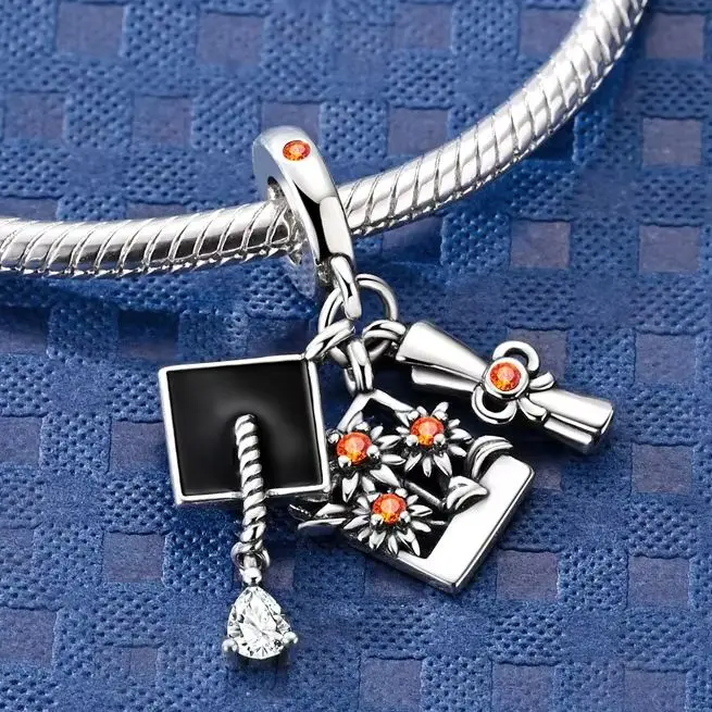 

925 Sterling Silver Charm Graduation Bachelor's Cap Sunflower Original Pendant Fit Bracelet DIY for Women Fine Jewelry Gift