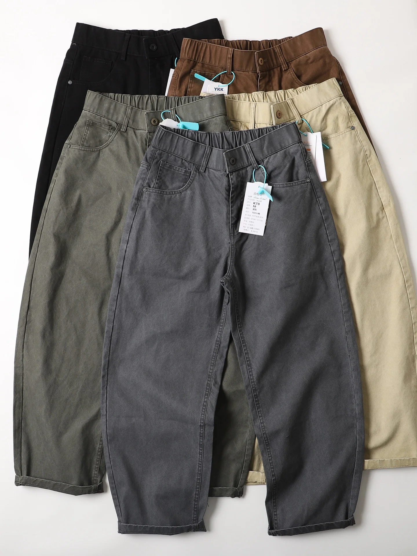 

Retro Khaki Loose Fit Cotton Casual Pants Men's Color Waed Cone-aped Carrot-aped Long Trousers Trendy Straight Leg