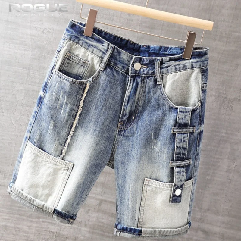 

Korean Fashion Jorts Hip Hop Street Denim Shorts Thin Summer Streetwear Y2K Cargo Patchwork Men Bermuda Pockets Washing Blue