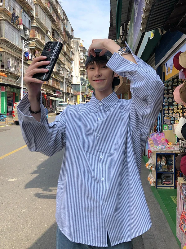 

Blue Striped Long Sleeve Men's Shirt Cleanfit Casual Outerwear for Couples Youthful Style Spring Season Regular Fit