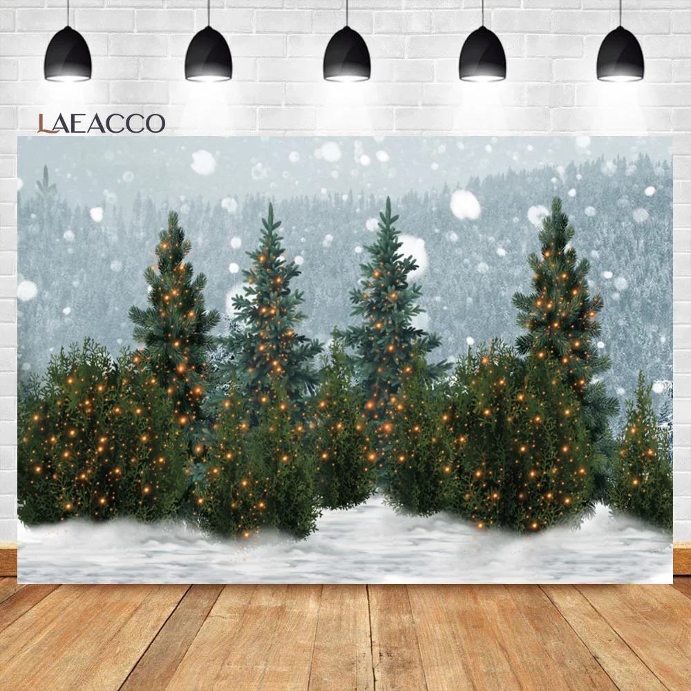 Laeacco Christmas Tree Farm Photography Backdrop Winter Night Dreamy Light Bokeh Forest Kids Birthday Famliy Portrait Background