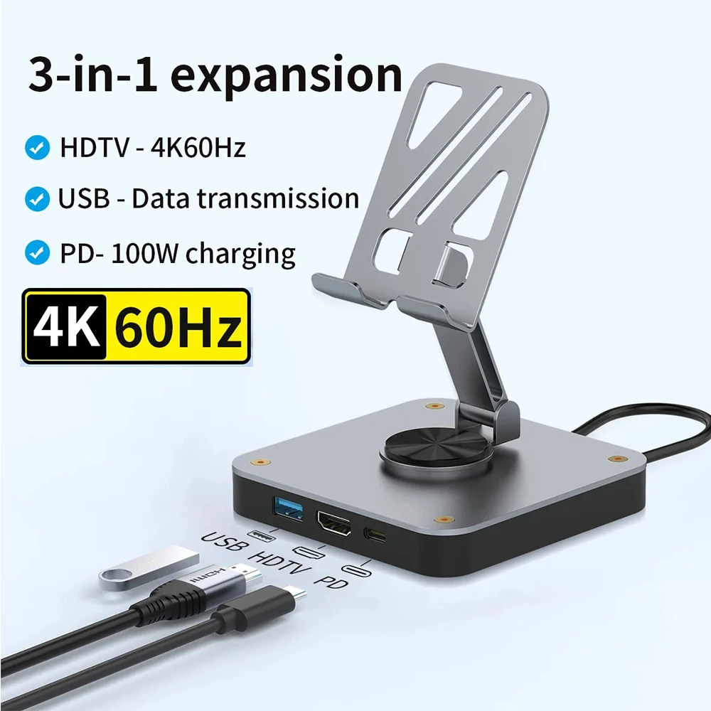 

USB-C Stand Docking Station Tablet/Phone Folding Stand with 4K HDMI,PD 100W,USB 2.0 Ports for iPad Pro/Air iPhone 15 Switch Mac