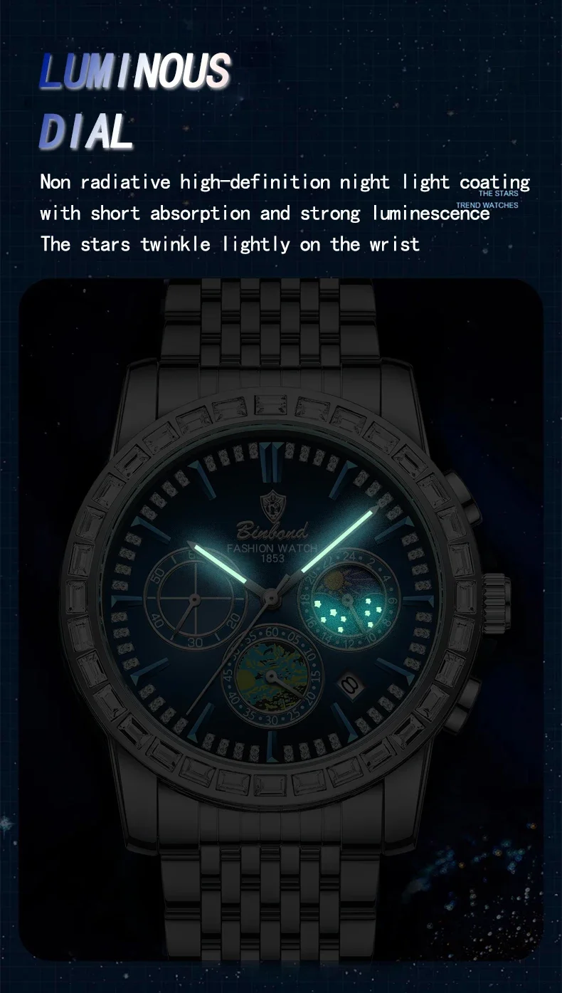 Binbond 8632นาฬิกาผู้ชายแฟชั่นใหม่ใส่สบายๆสายรัดเหล็กทึบไฟกลางคืนแสงจันทร์กันน้ำดาวนาฬิกาควอทซ์2024