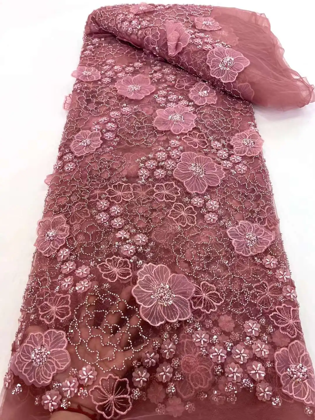 

French African 3D Lace Fabrics 2024 With Beads High Quality Mesh Embroidery For Women Wedding Dress Nigerian For Party Sewing XC