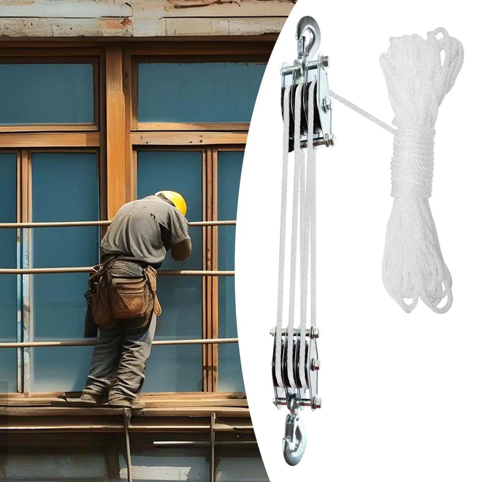 Portable Block and Tackle Pulley Hoist System Manual Rope Pulley Labor Saving for Garage Warehouse Lifting