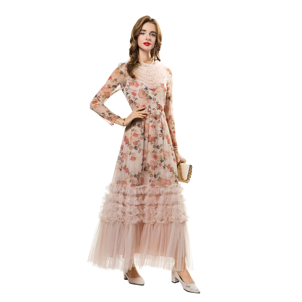 Meyyithun Abito da donna con stampa floreale a maniche lunghe Moda Maxi abito Fungo Vita alta Party Prom Abito scampanato grande 250520MZ04