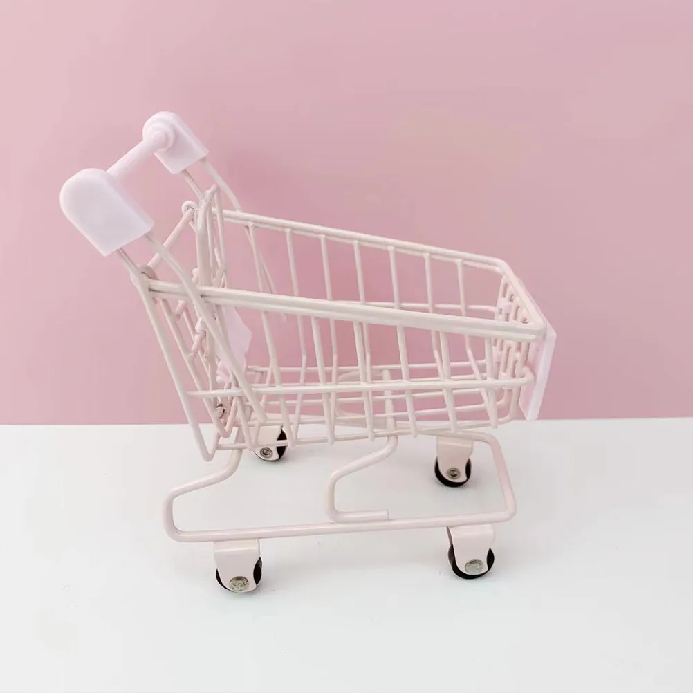 

Small Shopping Cart Kids Toddler Pretend Grocery Trolley Decorative Desktop Storage Miniature Supermarket Cart for Office Room