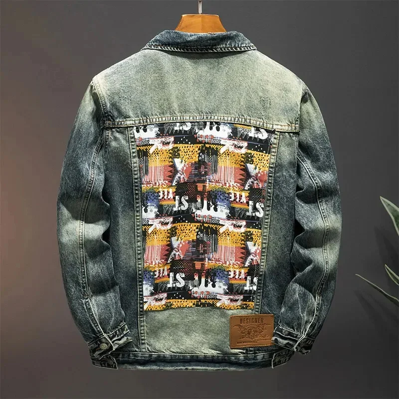 

Мотоциклетная джинсовая куртка из ткани с вышивкой, мужская свободная и красивая модная одежда в стиле ретро в стиле ретро