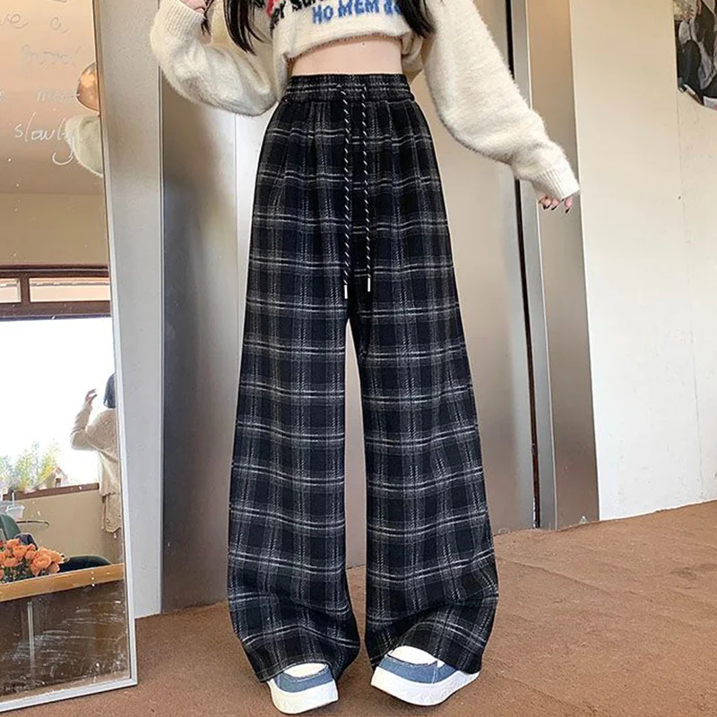 Pantalones de cintura alta a cuadros a la moda Retro para mujer, pantalones coreanos elegantes de cintura alta para niñas, pantalones de pierna recta holgados cómodos para mujer