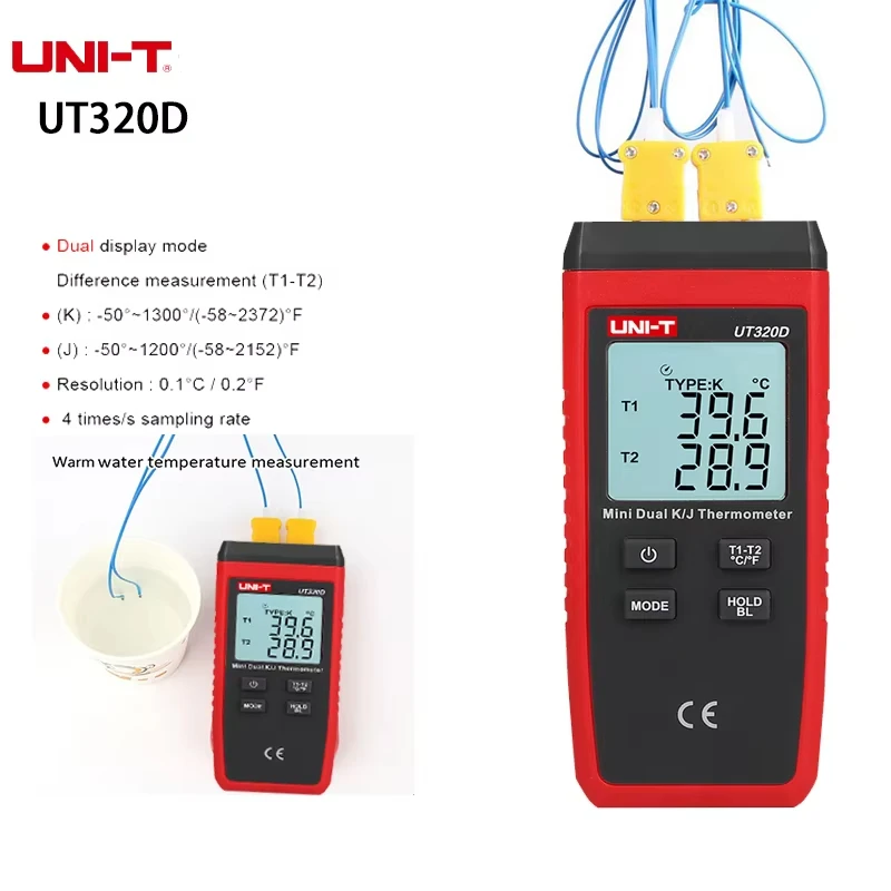 UNI-T UT320A UT320D Termometro digitale Mini termometro a termocoppia tipo K/J doppio -50 ℃   a 1300 ℃   Misuratore per tester ad alta temperatura