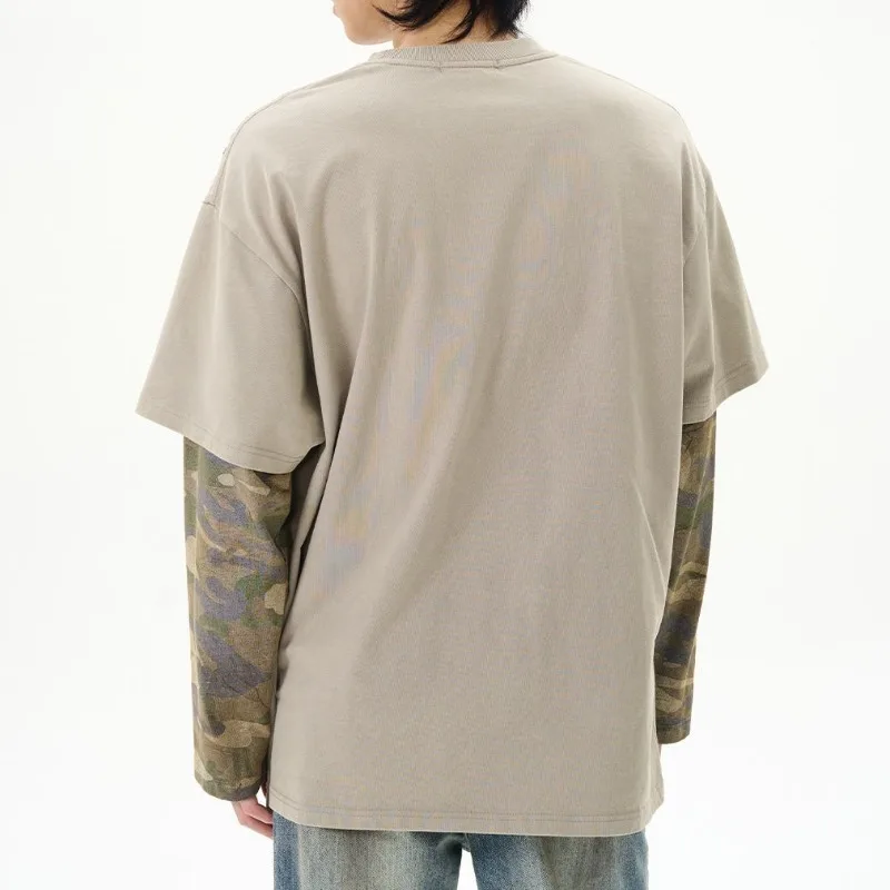 Autumn Japanese Retro Fake Two Piece Long Sleeved T-shirt for Men Ruffian Cool Streetwear Top Camo Splicing Sweatshirts Trendy