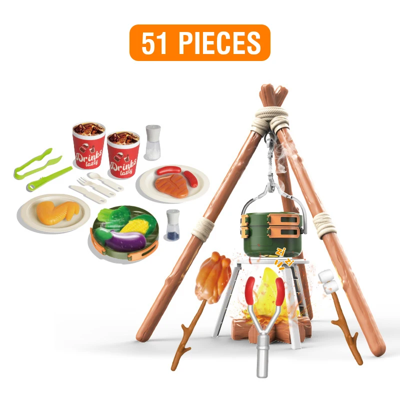 51PC Simulated Campfire Camping Set Toys With Electric Lights Music Kids Educational House Play Food Picnic Game Christmas Gifts