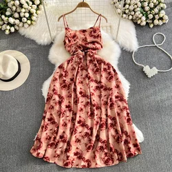 2024 New Summer Romantic Floral Print Long Dress Vintage Rose Print High Waist Spaghetti Strap Summer Dress Lady Beach Sundress