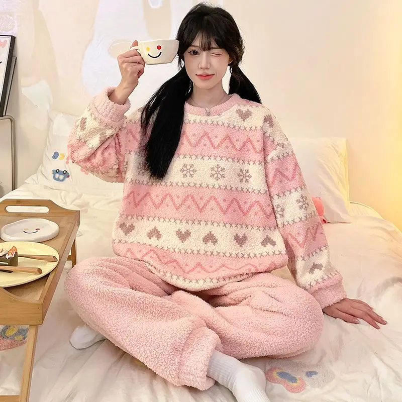 

Pjs Set Women's Pajama Set Women's Warm Winter Pajamas Fashionable Home Clothes, Pajamas Pajama Set Cartoon Long Sleeved Shirt