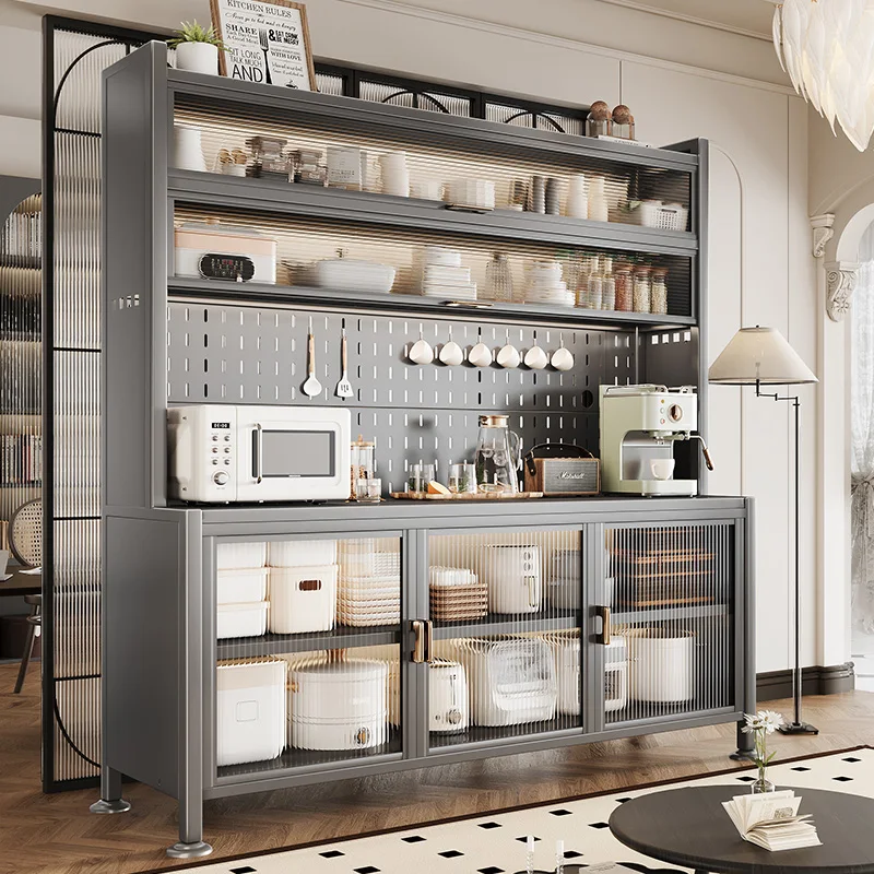 Heavy Duty Steel Kitchen Pantry Cabinet Tempered Glass Doors Wheels Adjustable Shelves Microwave Storage Unit Hutch Organizer