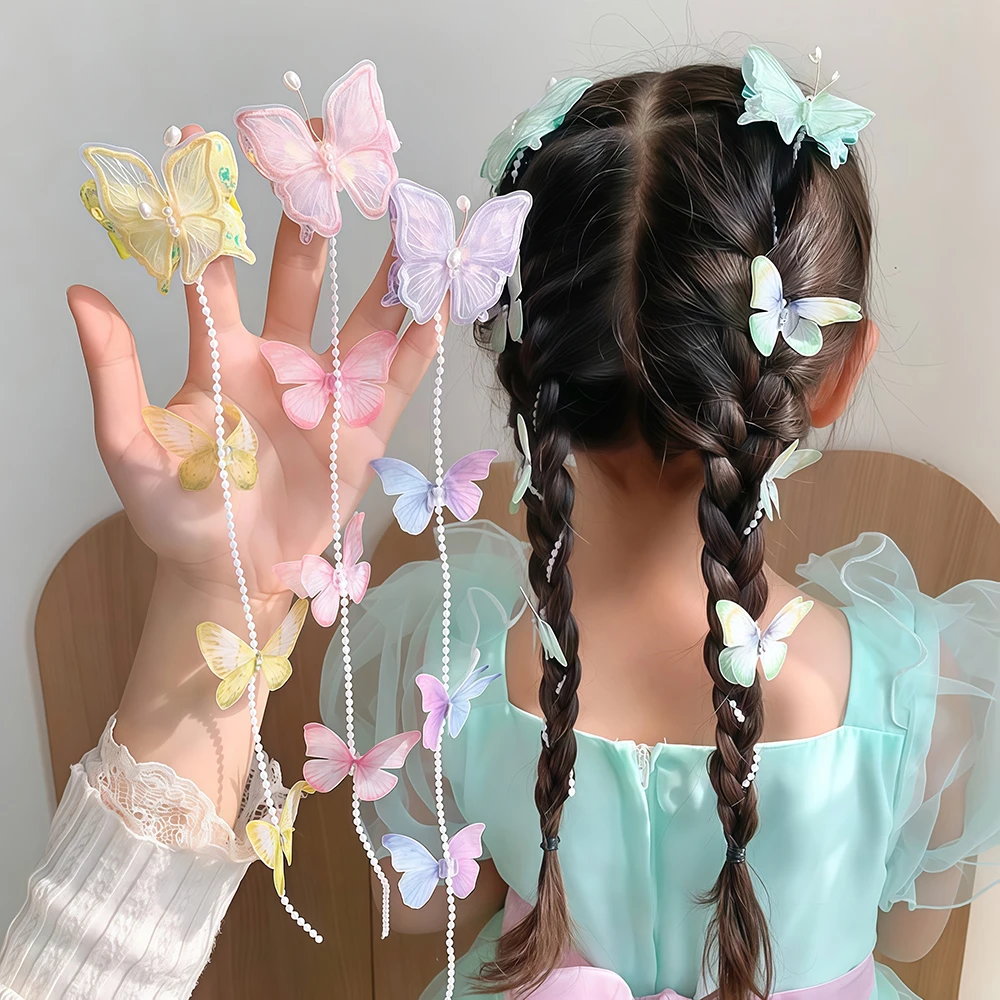 2pcs New Sweet Three-dimensional Butterfly Tassel Children's Hair Clip Performance Party Curly Hair Braided Exquisite Headwear