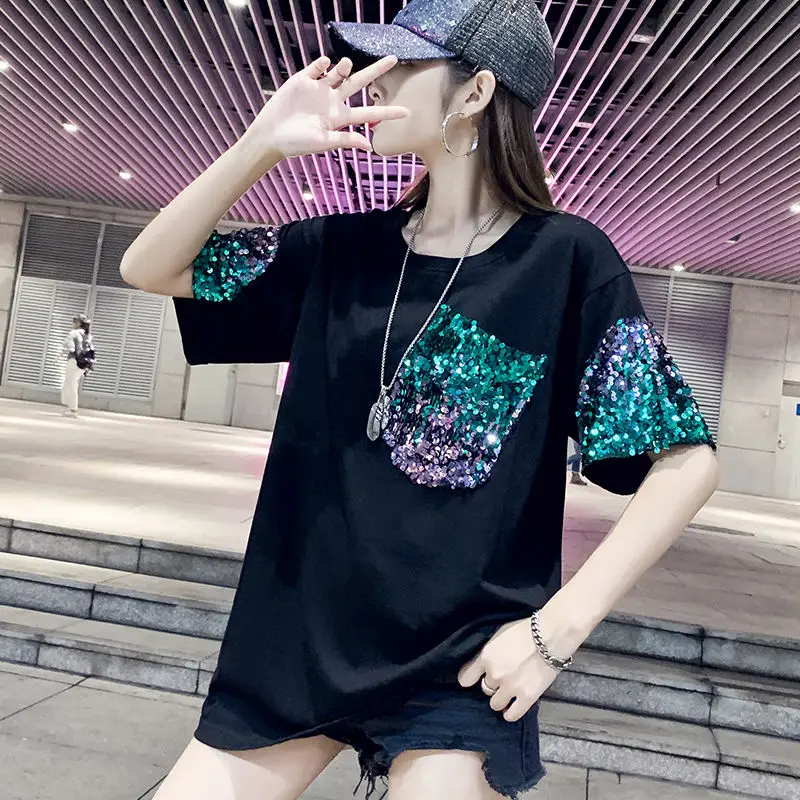 Summer New Round Neck Fashion Short Sleeve T-Shirts Women High Street Casual Loose Pullovers Cotton Sequin Patchwork Chic Tops