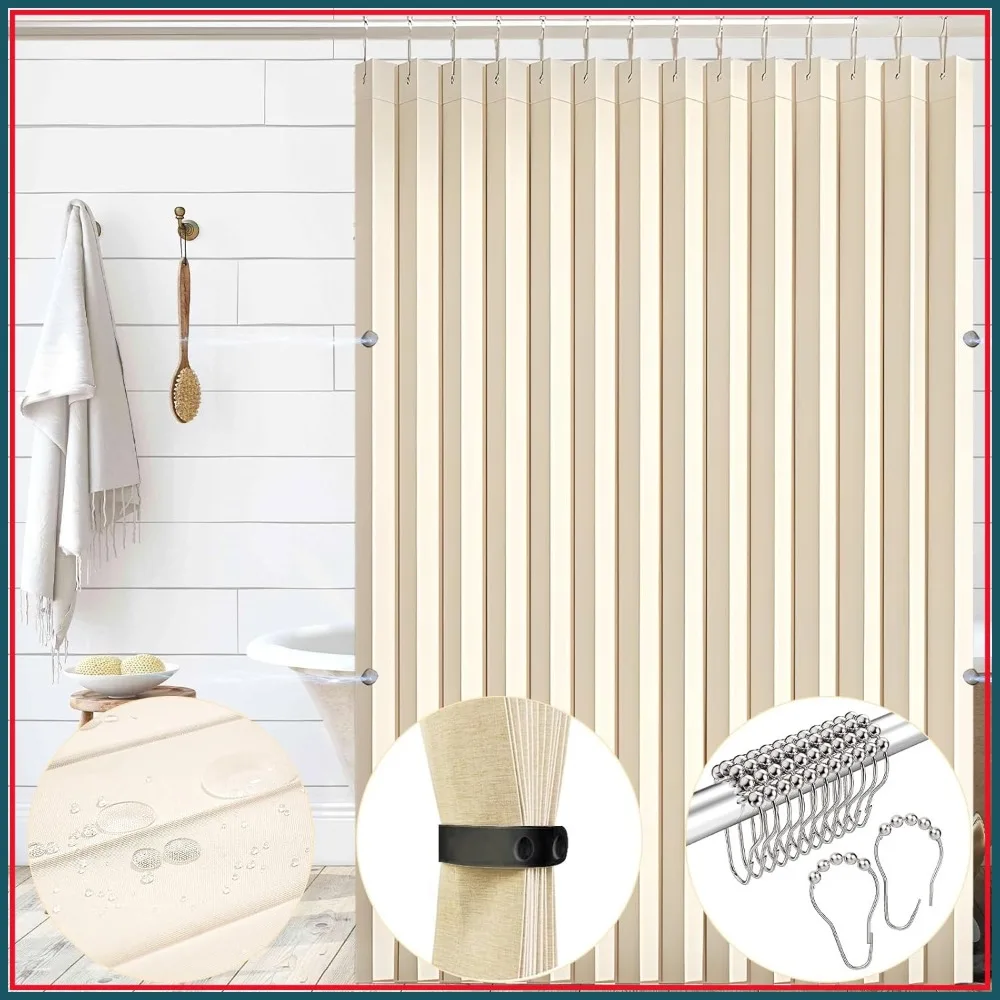 

Waterproof Fabric Shower Curtain with Magnets, 72x72 Inch Heavy Duty Thick, No Liner Required, Stainless Steel Hooks Included
