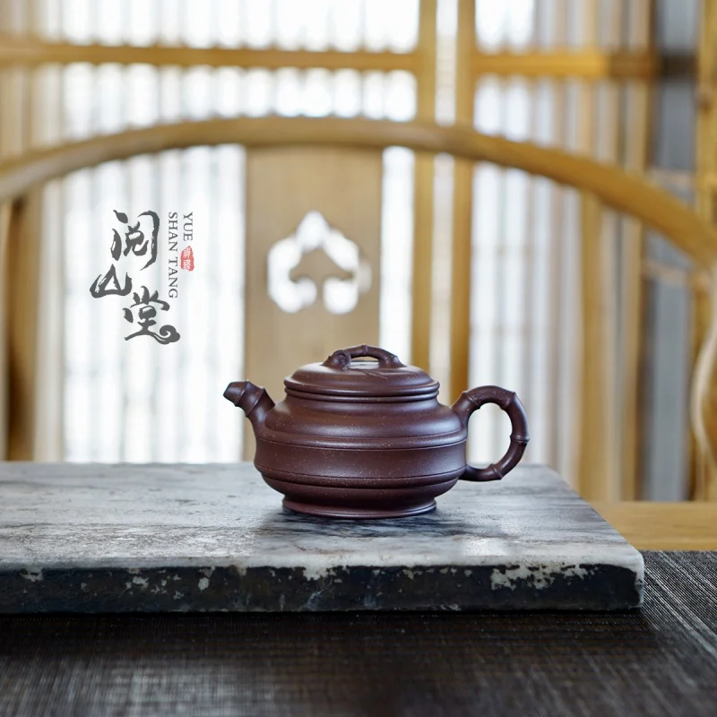 ★★★Yueshan Hall | Double-Line Bamboo Drum Pot Crude Ore Old Purple Clay Sand Laying Chinese Worker Qi Liyun's Works Hand-Made