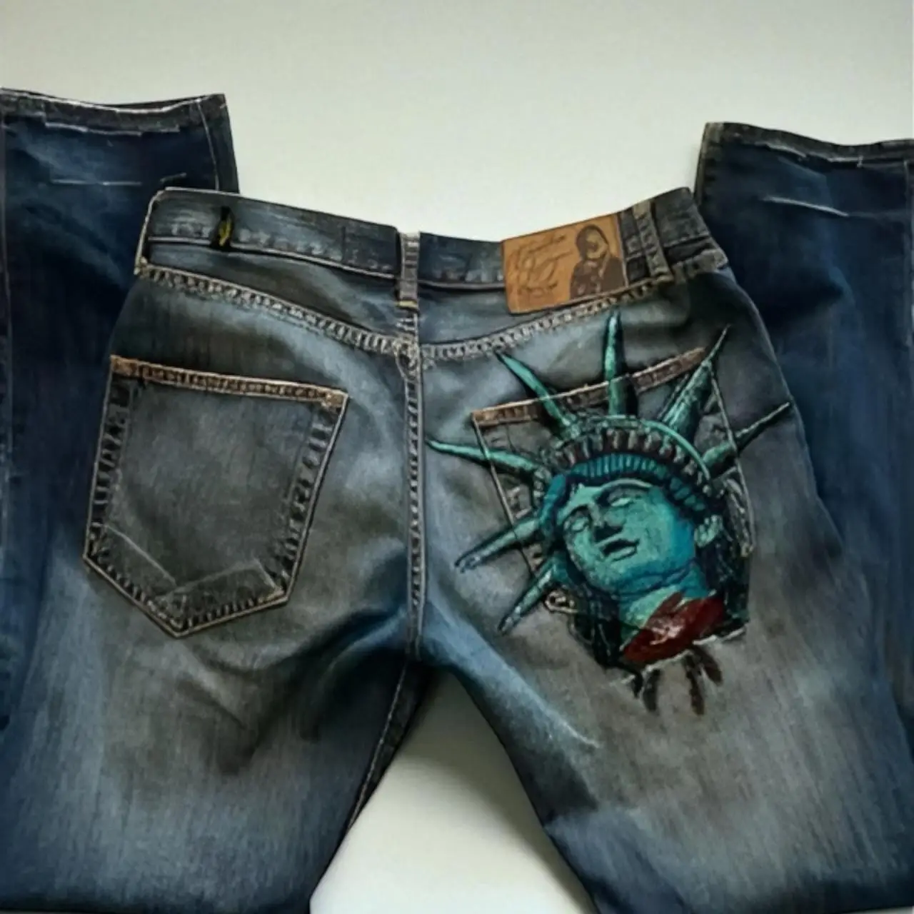 American Retro Statue of liberty Diamonds Denim Pants Casual High Waist Straight Wide Leg Jeans Harajuku Y2k Women Clothing