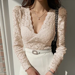 New 2024 Spring Women Lace Blouse Long Sleeve Deep V Neck Slim Fit Blouse Hollow Out Body Shirt Woman Hot Sale