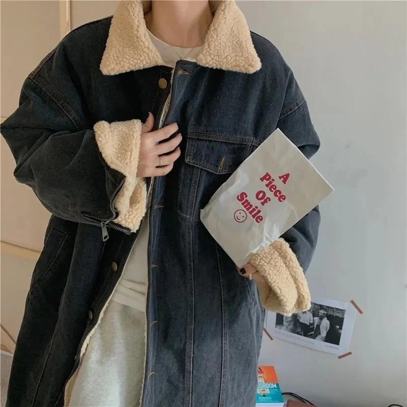 2023 Winter Lamb Wool Denim Coat Women\'s Mid length Korean Version Loose Fashion Commuter Show Thin Thickened Warm Cotton Coat