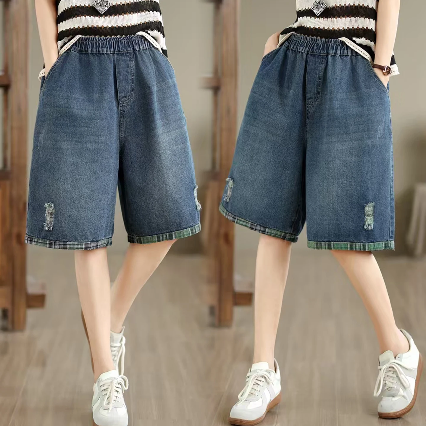 

Casual Embroidered Wide Leg Jeans Shorts Summer Versatile Loose Fit Soft Denim High Waist Cotton Polyester Blend Non-Stretch