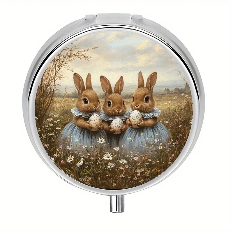 Single pack, flat, round three-compartment box, designed with an Easter bunny theme and circular pattern, suitable for storing medication, elegantly designed, perfect for outdoor travel and office medication reminders