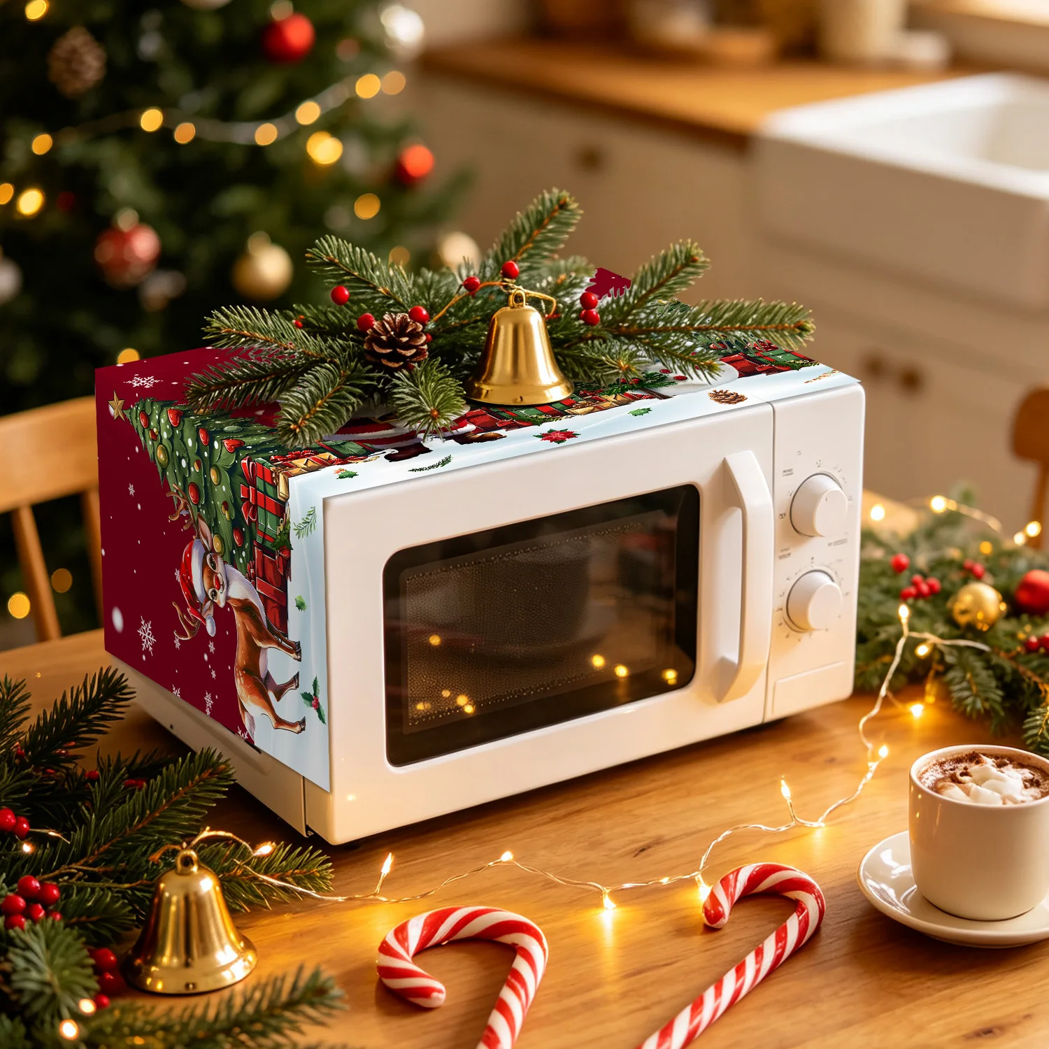 Weihnachts-Mikrowellen-Abdeckung mit Weihnachtsmann-, Schneemann- und Rentier-Motiv, Küchen-Staubschutz, dekorative Feiertagsdekoration für die Küche. – Detail 5