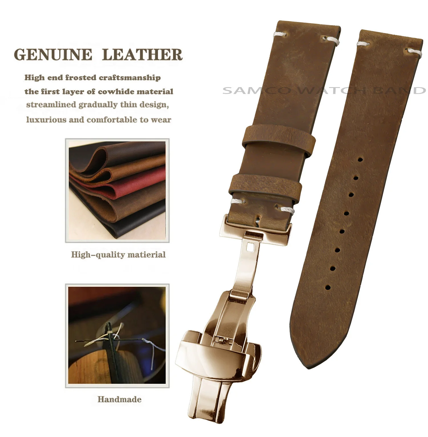 Genuine Leather Watch Bands , Vintage Top Grain Leather Watch Straps 18mm, 19mm, 20mm, 21mm, 22mm, 24mm for Seiko Citizen Orient view 3